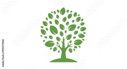 Stylized green tree with a dense round canopy of leaves representing growth, nature, and environmental conservation.