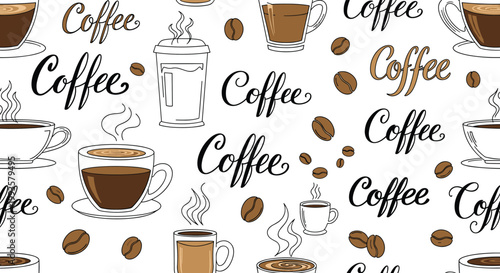 Seamless vector pattern featuring various coffee cups, mugs, beans, and handwritten coffee text on a white background.