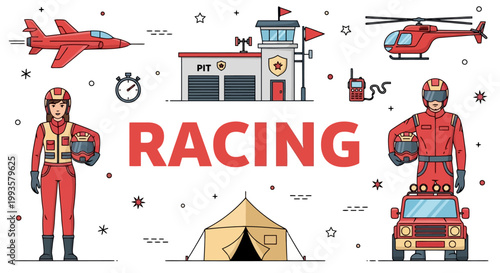 Racing Event with Pilots, Vehicles, and Control Tower.