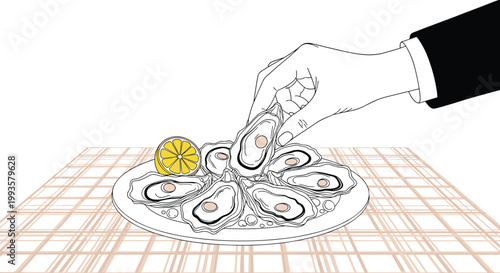 Hand reaching to pick up a fresh oyster from a white plate served with a lemon slice on a checkered tablecloth.