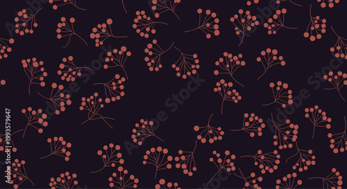 Seamless pattern of small reddish berry clusters on thin branches scattered across a solid dark purple background.