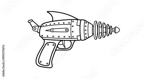Retro futuristic ray gun illustration in black and white line art featuring a sci-fi weapon design with rings and shark fin detail.