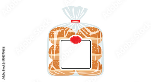 Realistic illustration of a pack of six sesame seed burger buns in a transparent plastic bag with a red and white blank label.