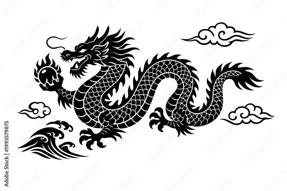 Naklejka premium Traditional Chinese Dragon Vector Illustration, Black Silhouette of a Japanese Dragon Holding a Flaming Pearl, Clouds and Waves, Asian Mythological Creature Design Isolated on White Background