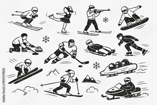 Hand Drawn Sketch Doodle Set of Winter Sports Athletes Including Skiing Snowboarding Ice Hockey Figure Skating Curling Bobsleigh and Snowmobile Isolated on White Background Vector Illustration
