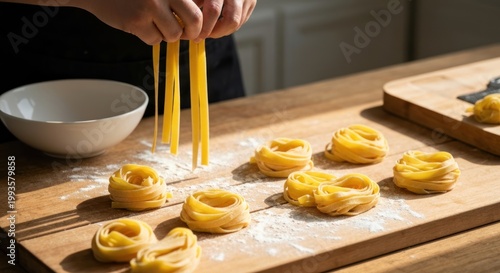 Person arranging fresh pasta on a wooden board with flour and a bowl