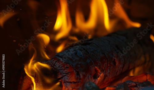 Macro shot of burning wood log with intense orange flames.