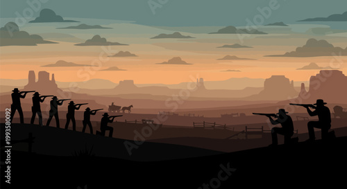 Silhouette of cowboys in a standoff at sunset.