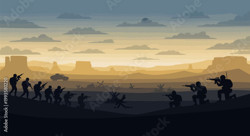 Silhouette of soldiers in desert landscape at sunset.