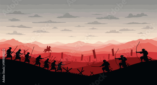 Silhouettes of ancient warriors in battle during sunset or sunrise, historical conflict scene.