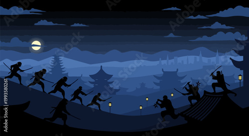 Silhouettes of Ninjas Engaged in a Stealthy Night Battle.