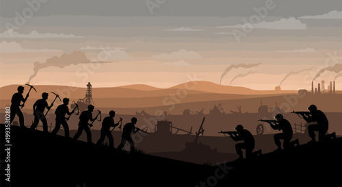 Silhouettes of soldiers and workers in a landscape at sunset.