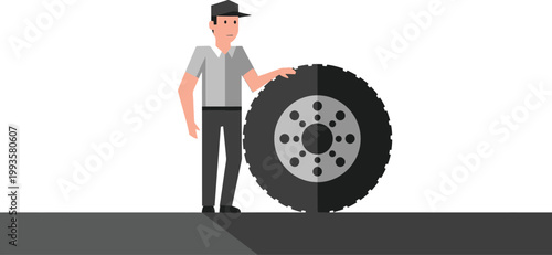 Cartoon mechanic with tire isolated on transparent background