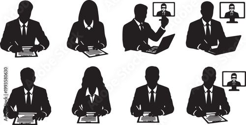 Black Solid Home Based Entrepreneur Signing Contract Video Silhouettes Set of Six on White Background