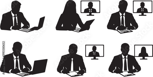 Black Solid Home Based Entrepreneur Signing Contract Video Silhouettes Set of Six on White Background