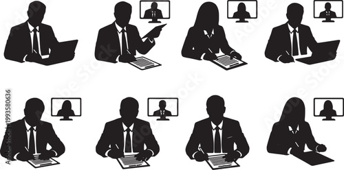 Black Solid Home Based Entrepreneur Signing Contract Video Silhouettes Set of Six on White Background