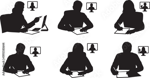 Black Solid Home Based Entrepreneur Signing Contract Video Silhouettes Set of Six on White Background
