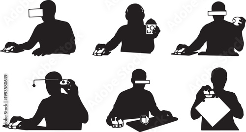 Black Solid Home Based Modeler Virtual Object Mouse Silhouettes Set of Six on White Background