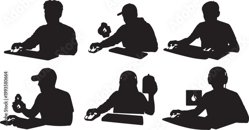 Black Solid Home Based Modeler Virtual Object Mouse Silhouettes Set of Six on White Background
