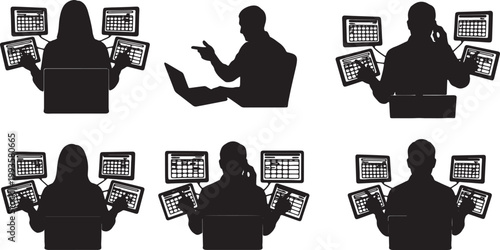 Black Solid Home Based Virtual Event Planner Multiple Device Silhouettes Set of Six on White Background