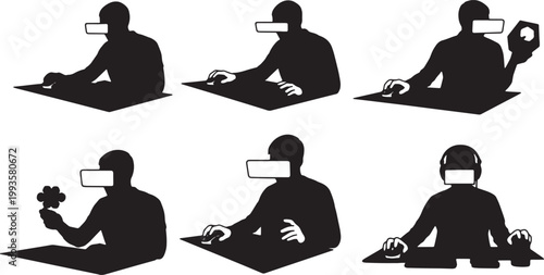 Black Solid Home Based Modeler Virtual Object Mouse Silhouettes Set of Six on White Background