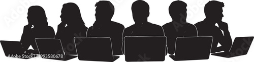 Black Solid Home Based Writer Looking Window Laptop Silhouettes Set of Six on White Background