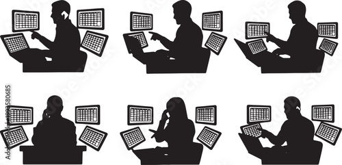 Black Solid Home Based Virtual Event Planner Multiple Device Silhouettes Set of Six on White Background