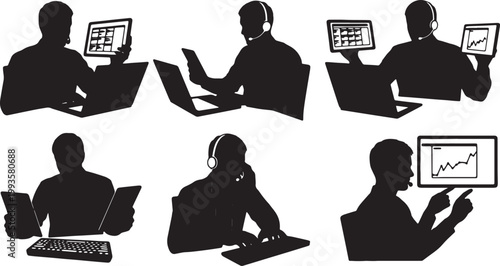 Black Solid Home Based Virtual Event Planner Multiple Device Silhouettes Set of Six on White Background