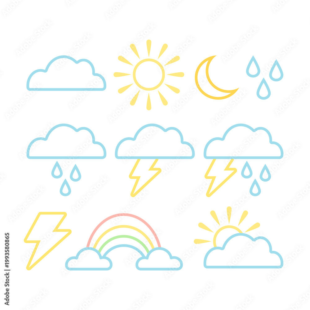 Obraz premium Soft Colored Outline Weather Vector Icon Set Collection
