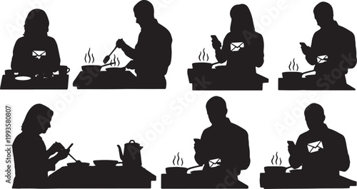 Black Solid Home Worker Cooking Lunch Phone Email Silhouettes Set of Six on White Background