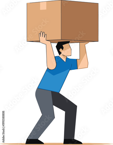 Man carrying cardboard boxes overhead isolated on transparent background