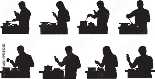 Black Solid Home Worker Cooking Lunch Phone Email Silhouettes Set of Six on White Background