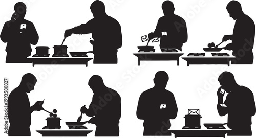 Black Solid Home Worker Cooking Lunch Phone Email Silhouettes Set of Six on White Background