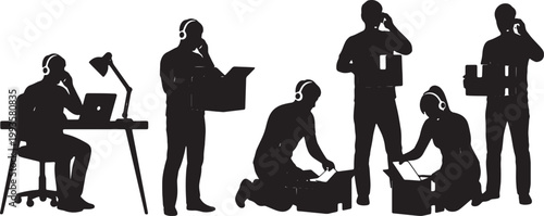 Black Solid Home Worker Opening Delivery Package Call Silhouettes Set of Six on White Background