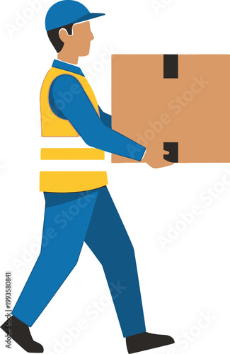 Delivery worker carrying a cardboard box isolated on transparent background