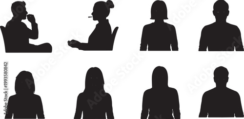 Black Solid Home Office Worker Mindfulness Breathing Silhouettes Set of Six on White Background