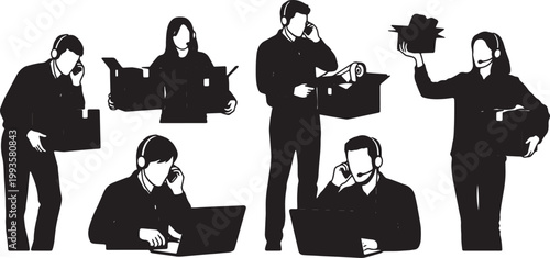 Black Solid Home Worker Opening Delivery Package Call Silhouettes Set of Six on White Background