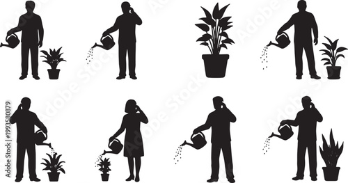 Black Solid Home Worker Watering Plant Mobile Phone Silhouettes Set of Six on White Background
