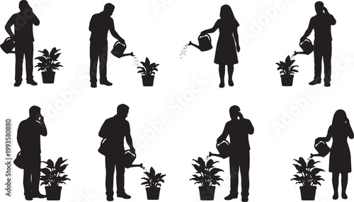 Black Solid Home Worker Watering Plant Mobile Phone Silhouettes Set of Six on White Background