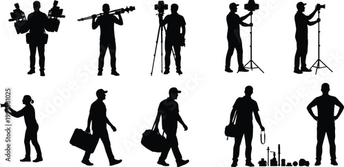 Silhouette set of professional photographers and videographers carrying equipment, tripod, cameras, and gear for film production and media industry concept