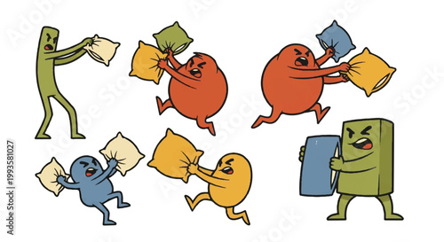 Cartoon characters pillow fight illustration