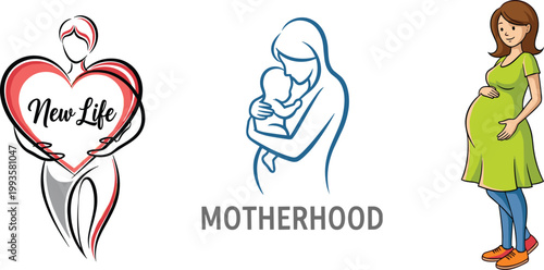 New Life Motherhood Vector Illustration Set with Pregnant Woman Cartoon Mother Holding Baby Outline Heart Symbol Maternity Healthcare Design Collection