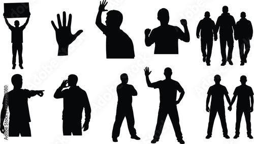 WebSilhouette set of people protesting with signs, cheering, waving, pointing, shouting, and holding hands for social activism and community concept