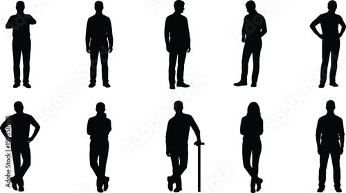Collection of people silhouettes, men and women standing in casual poses, leaning, arms crossed, professional group, isolated on white background, vector