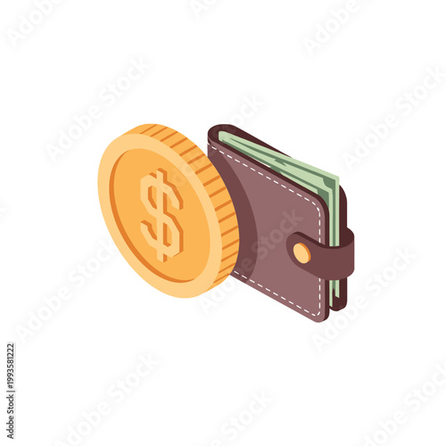 Illustration of a Coin Next to a Wallet Filled with Cash Symbolizing Personal Finance and Savings