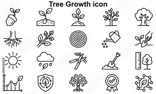 Tree growth stages icon set with nature and environmental symbols flat design illustration