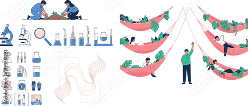 Scientific research and laboratory experiment concept with scientists, lab equipment icons, data analysis visuals, and team collaboration in modern science and innovation environment