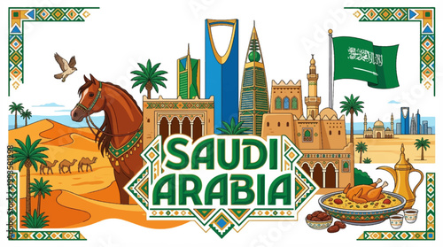 Saudi Arabia montage with landmarks, culture, and desert life
