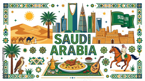 Saudi Arabia montage with landmarks, culture, and desert life