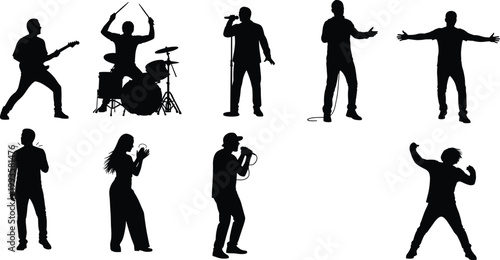 Music performance silhouette set of guitarist, drummer, singers with microphones, and performers in dynamic stage poses for concert and entertainment concept